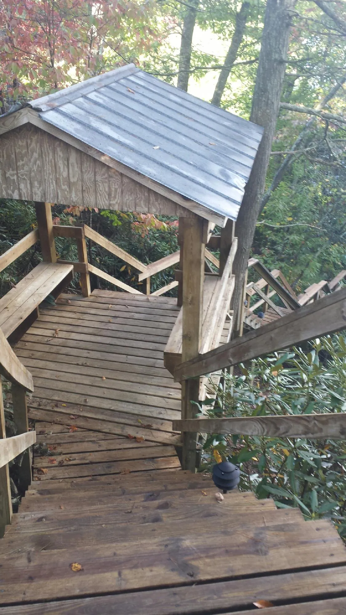 Metal roofed shelter over wooden steps on a wooded walkway — Skylight Repair & Installation work by our crew in Sylva